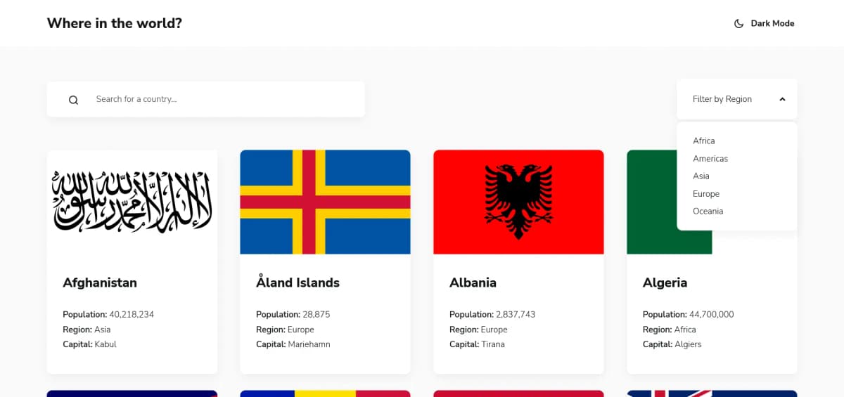REST Countries API with color theme switcher screenshot